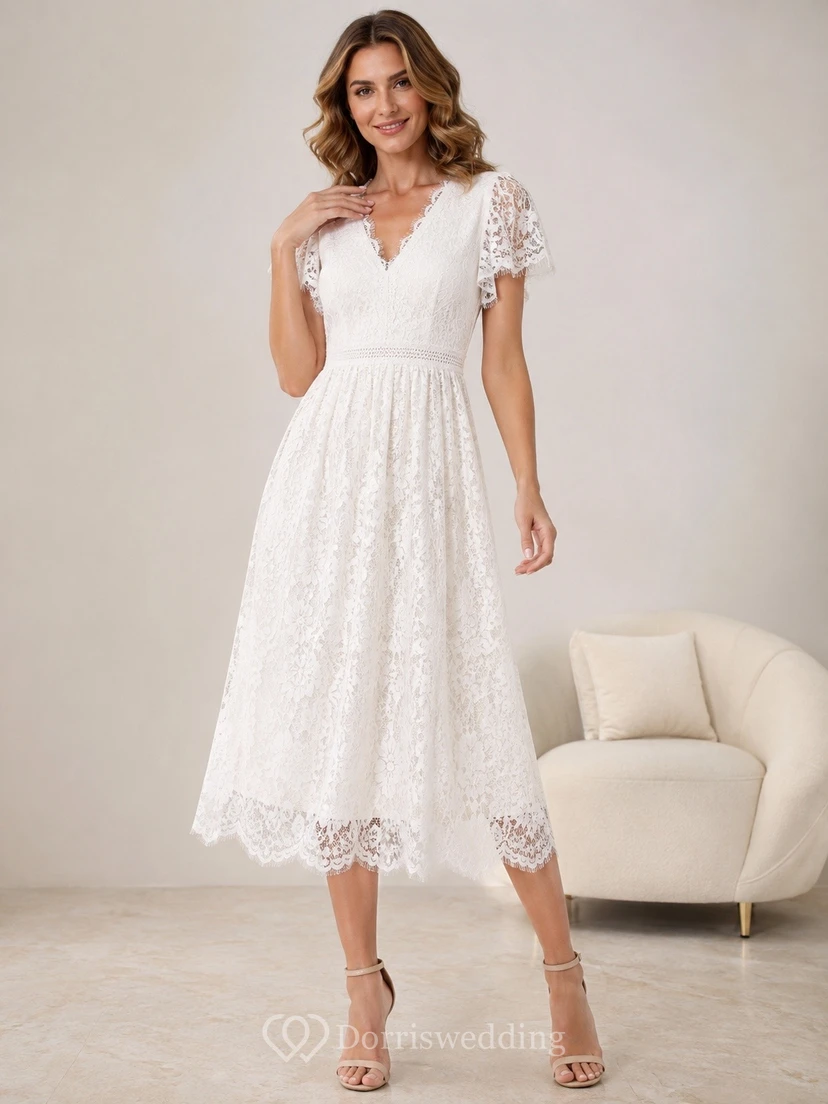 Weißes, kurzes A-Linien-Midikleid aus Spitze mit V-Ausschnitt und kurzen Ärmeln