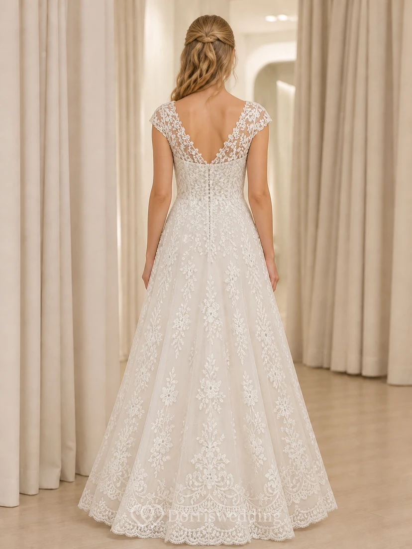 Vestido de novia modesto de corte A con escote barco, encaje botánico, mangas cortas y largo hasta el suelo. view 2