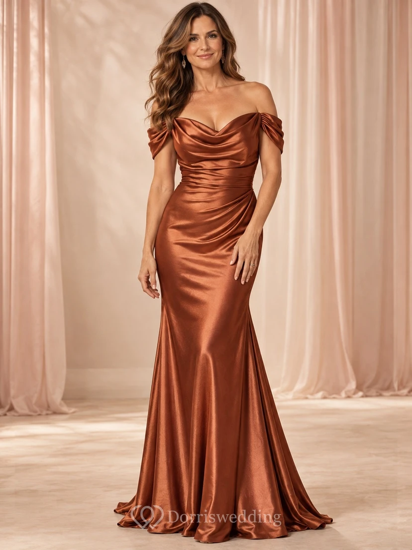 Vestido de noche formal de satén fruncido con escote drapeado y espalda descubierta, color cobre sirena.