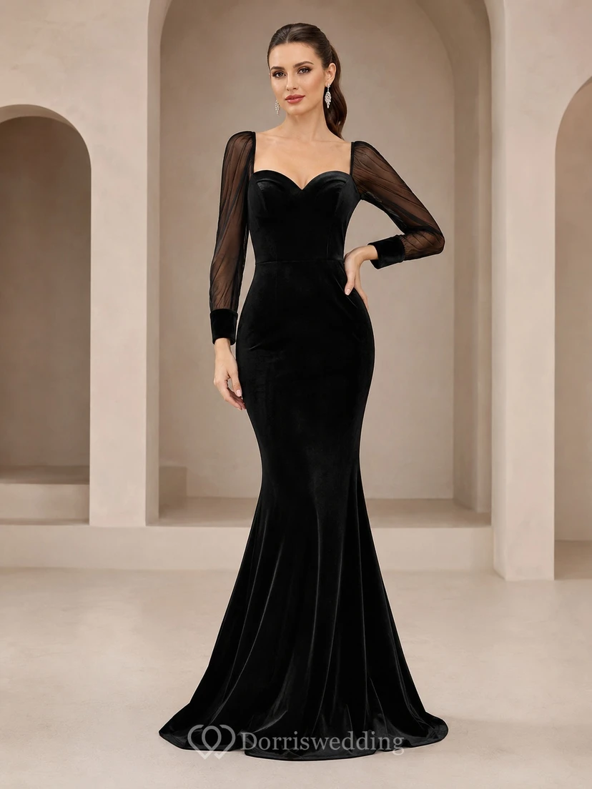 Robe de soirée sirène en velours noir sexy à manches longues illusion et décolleté cœur