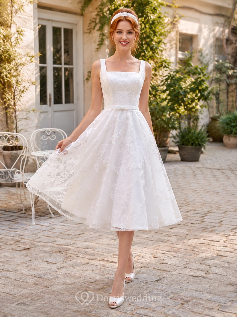 Civil Square Neck Lace Tea-Length A-Line Wedding Dress