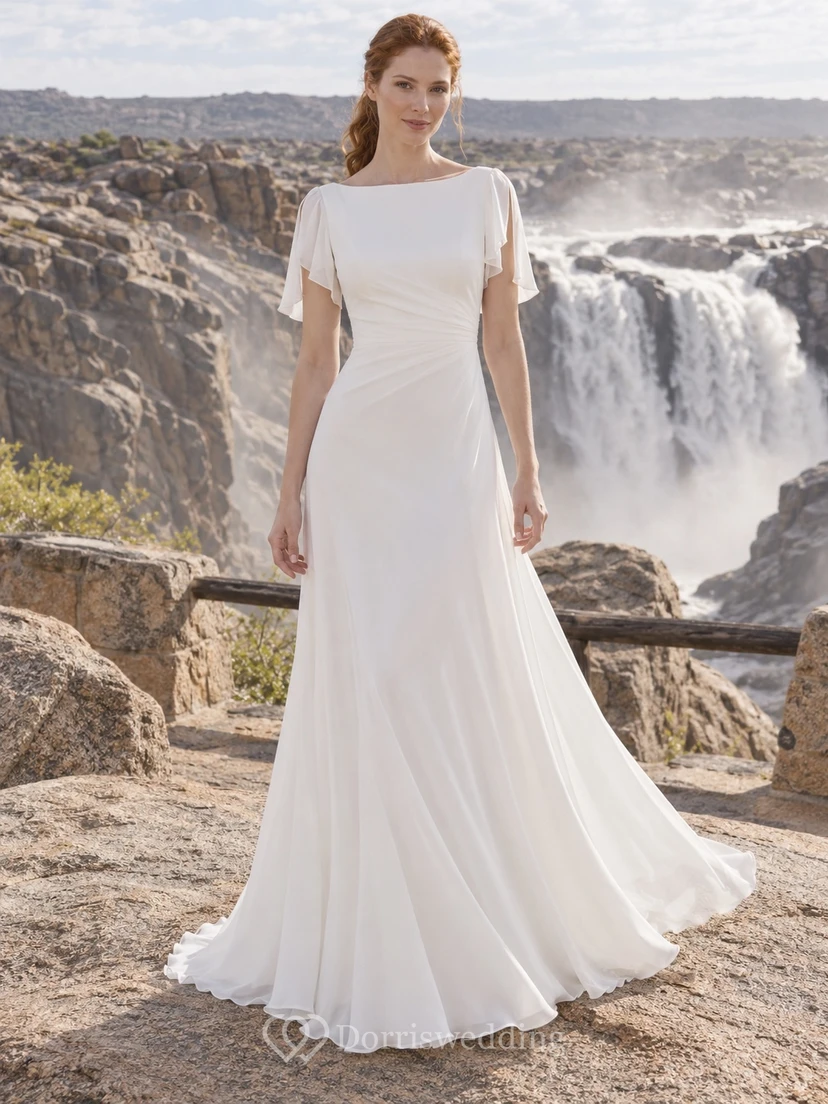Vestido de novia sencillo de gasa con escote barco, manga corta y cintura drapeada.