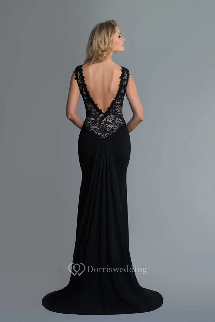 Sheath V-Neck Sleeveless Jersey Lace Deep-V Back Dress view 2