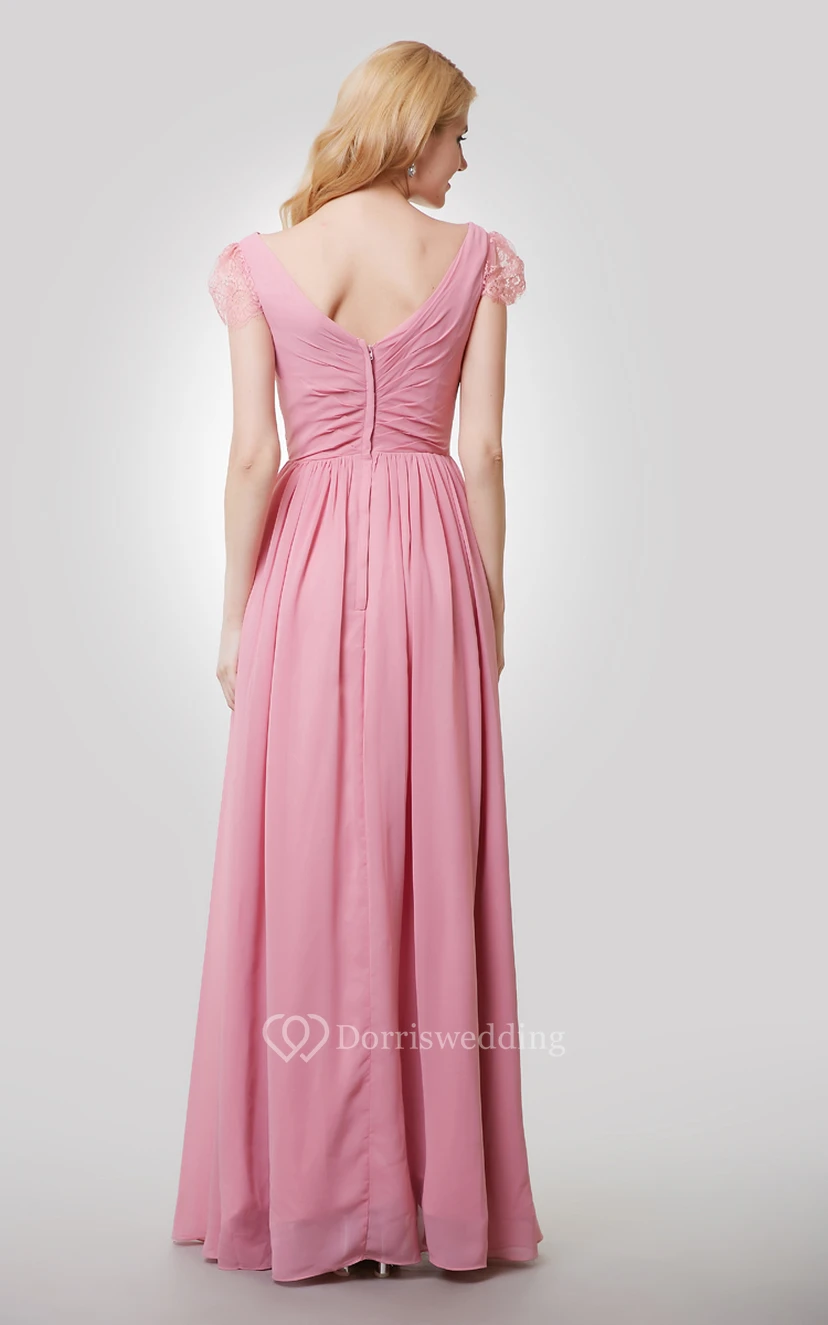 Chiffon A-Line Long Dress With V-Neck and Cap Lace Sleeves view 3