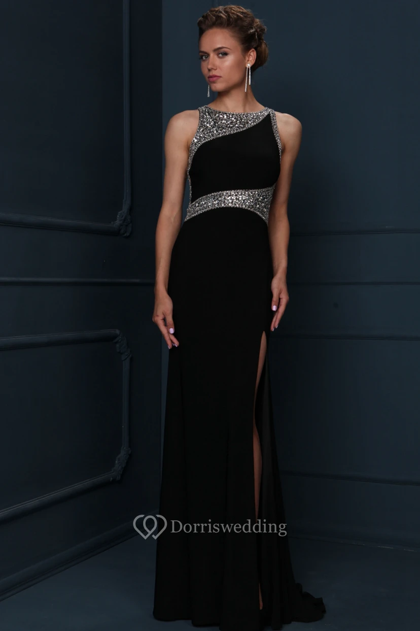 Sheath Sleeveless Scoop-Neck Beaded Floor-Length Jersey Evening Dress With Split Front