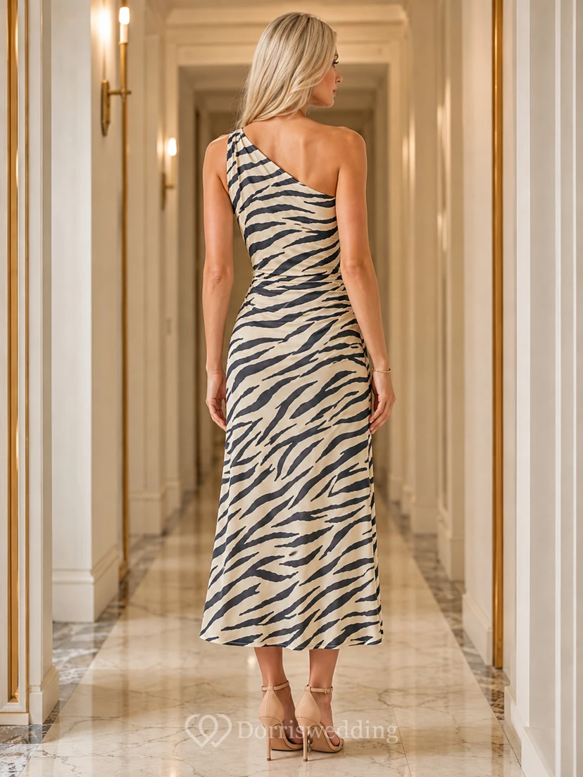 Cream Zebra One Shoulder Bodycon Satin Midi Cocktail Dress view 2