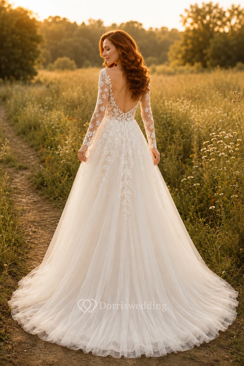 Robe de mariée en dentelle et tulle, coupe trapèze, bustier cœur, manches longues, traîne. view 2