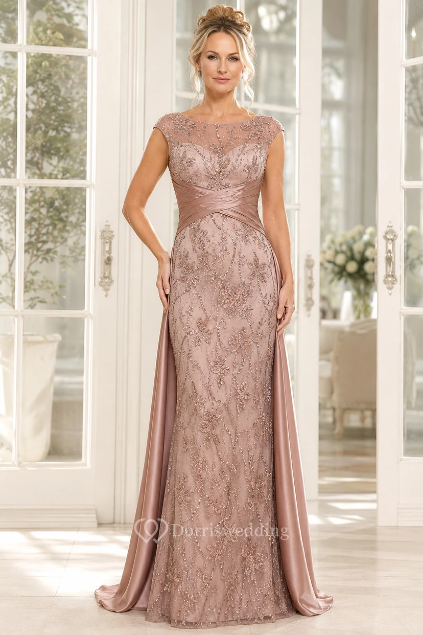 Vestido de madre ajustado de encaje con lentejuelas color malva y paneles laterales