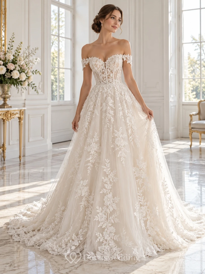 Off Shoulder Sweetheart Large Floral A-Line Bridal Wedding Dress