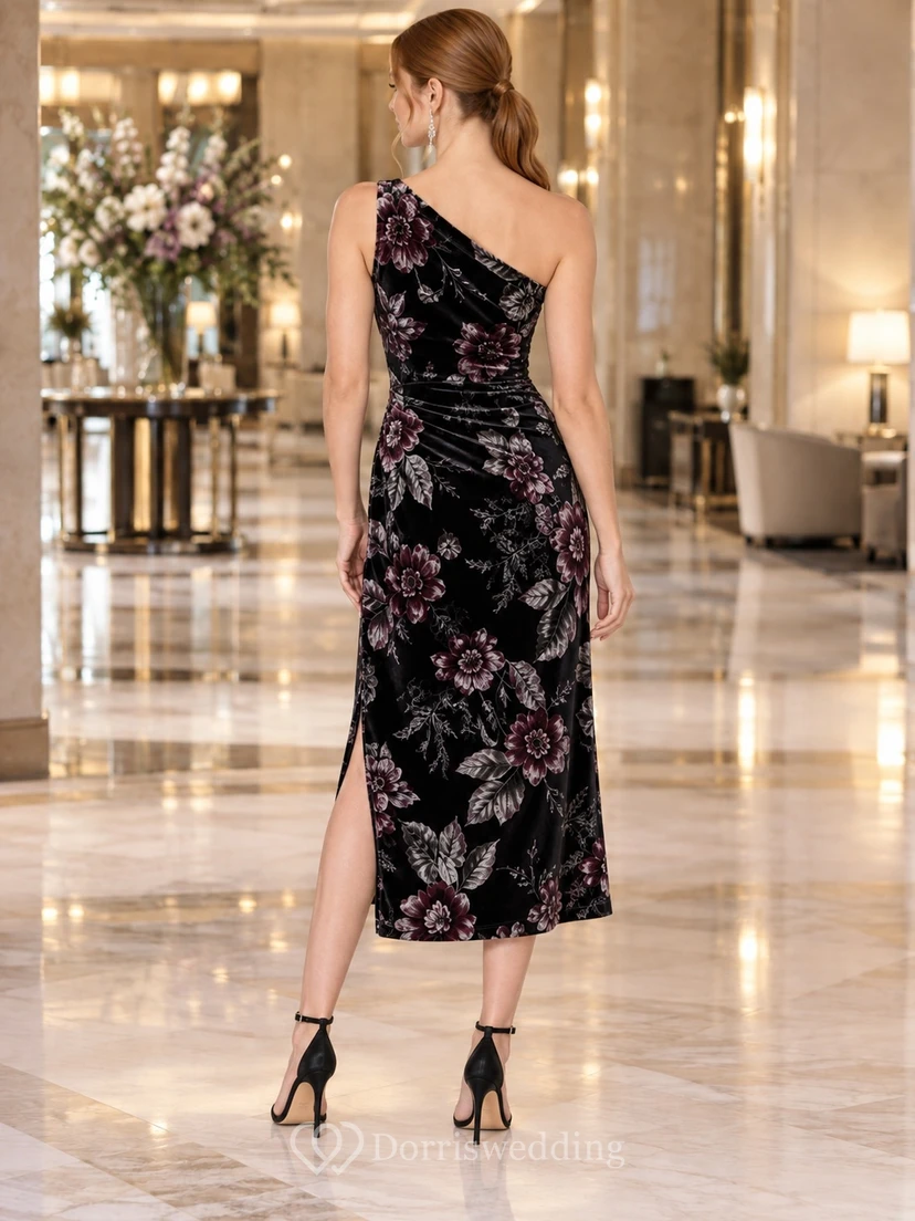 Vestido de fiesta ajustado de terciopelo negro con estampado floral, un solo hombro, fruncido y abertura lateral, largo hasta la rodilla. view 2