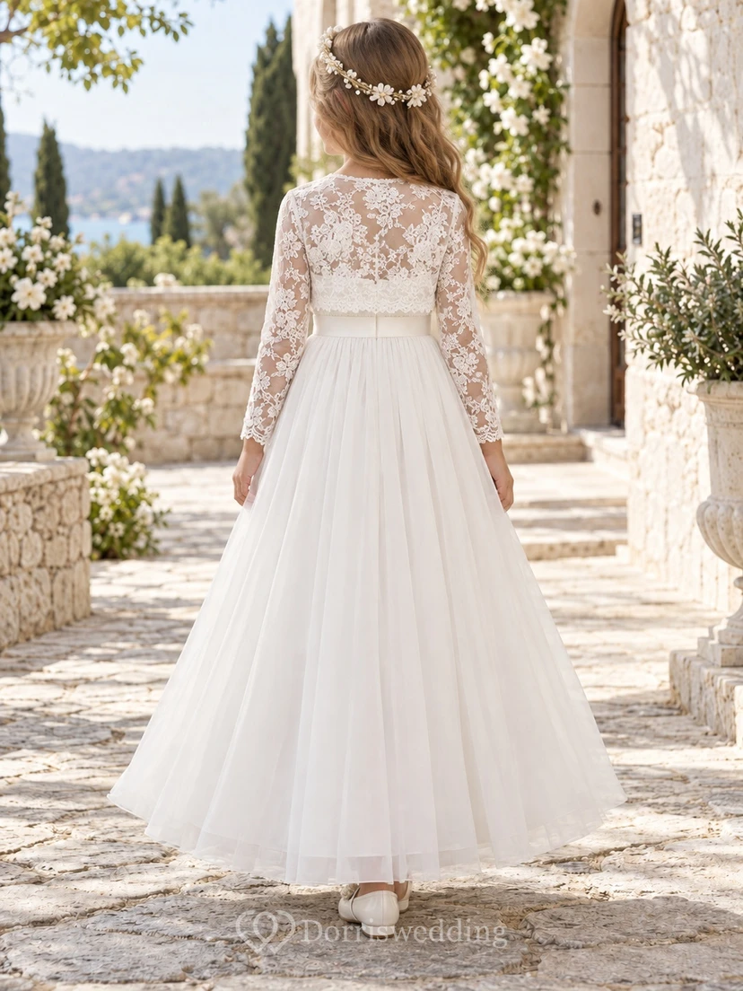Vestido de niña de flores blanco de manga larga, cuello cuadrado, corte en A, tul, bolero de encaje hasta los tobillos view 2