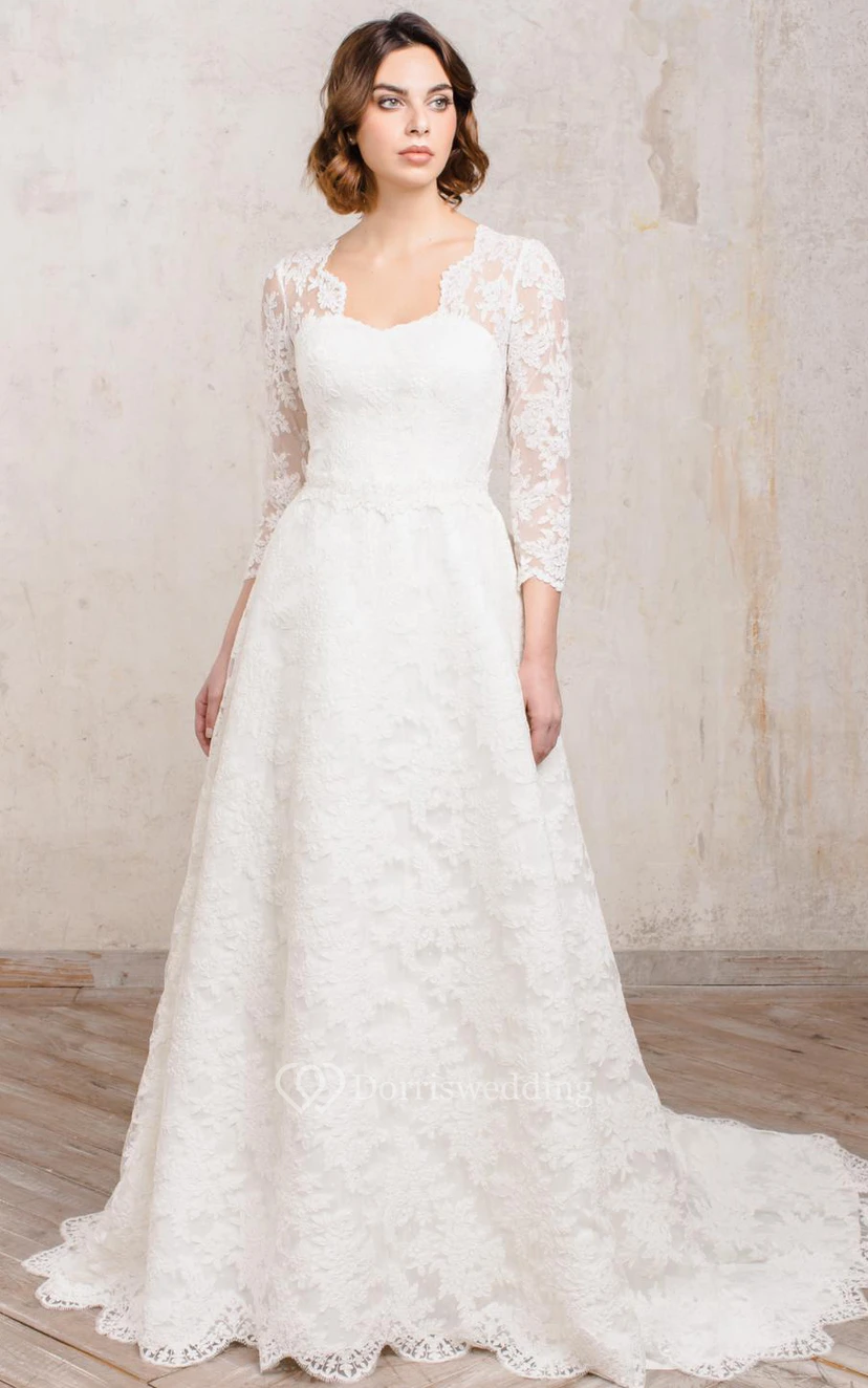 Robe de mariée vintage en dentelle, coupe trapèze, longueur au sol, manches 3/4, boutonnée, style modeste