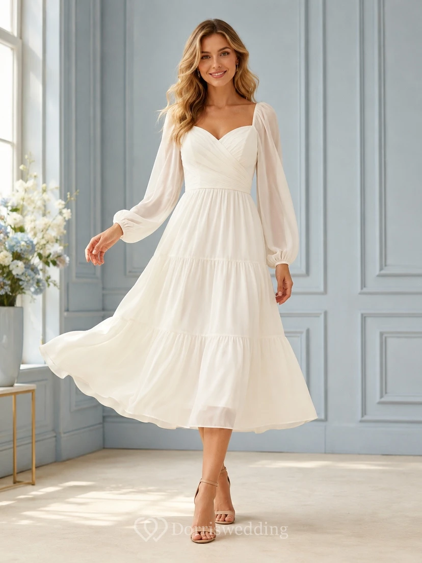 Ivory Sweetheart Long Sleeve Pleated Chiffon A-Line Midi Dress