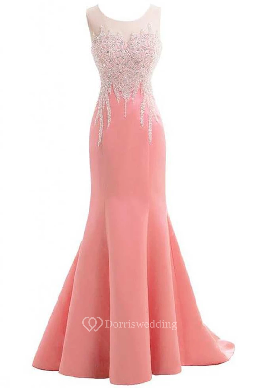 Sleeveless Beaded Bodice Mermaid Long Satin Dress With Bow