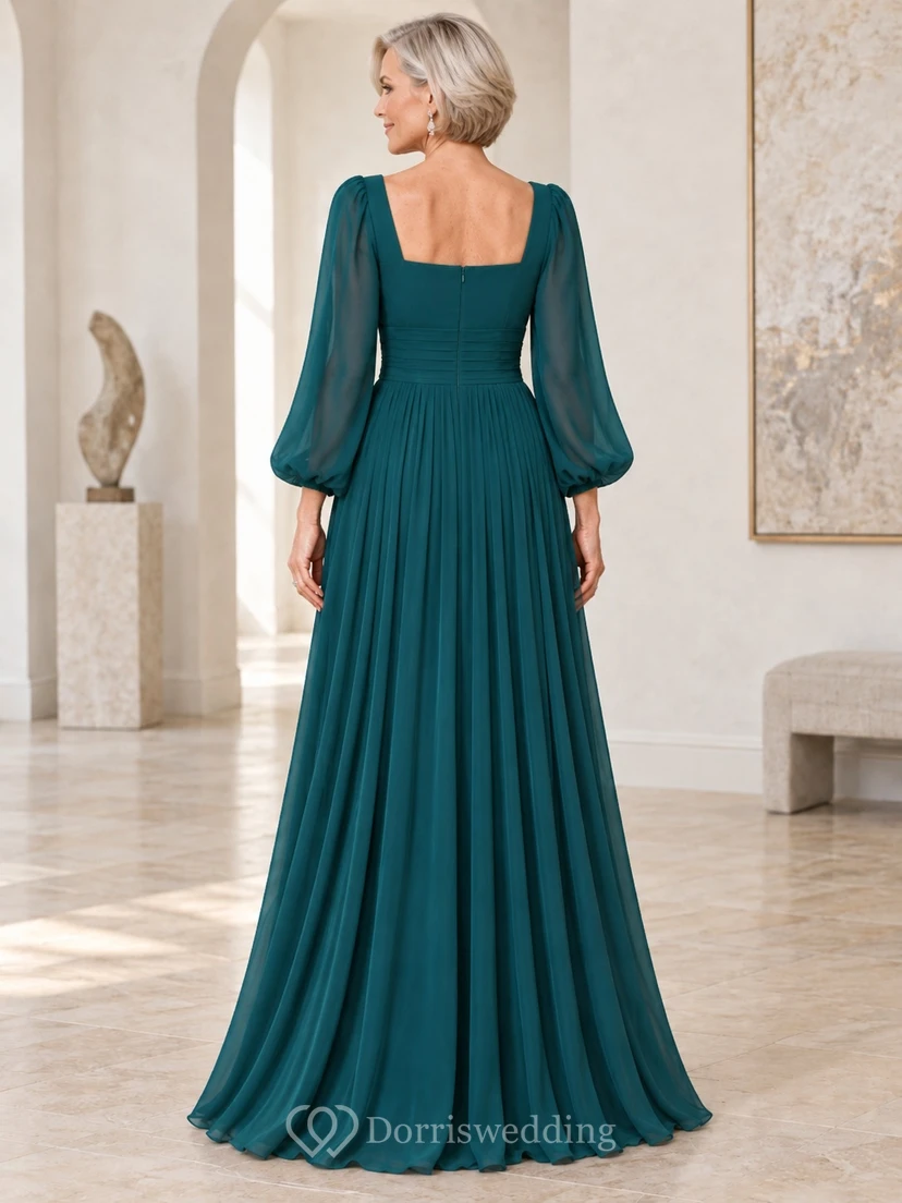 Türkisfarbenes, eckiges, schlichtes, langärmeliges, formelles Chiffon-Abendkleid in A-Linie mit Falten, bodenlang view 2