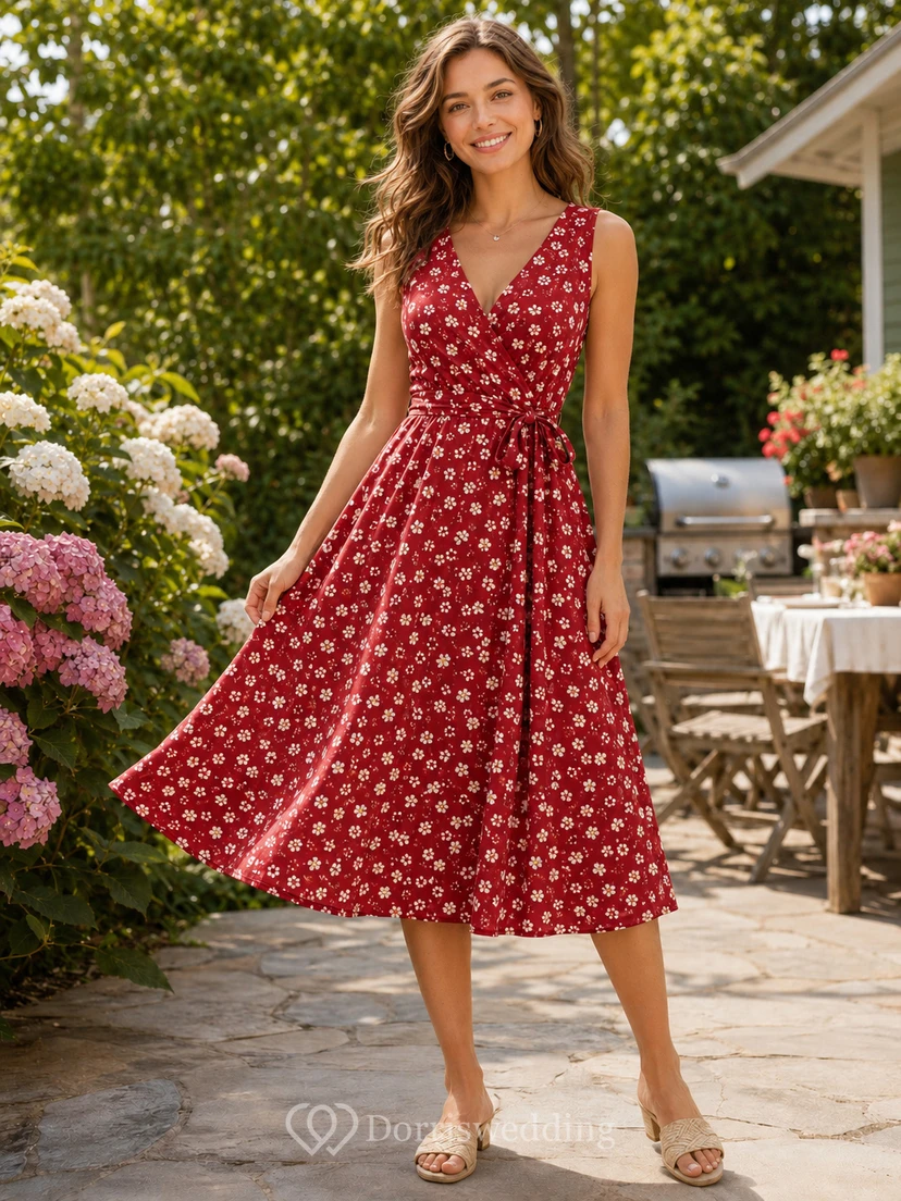 Coral Floral Sleeveless V Neck Cotton Barbecue Midi Dress