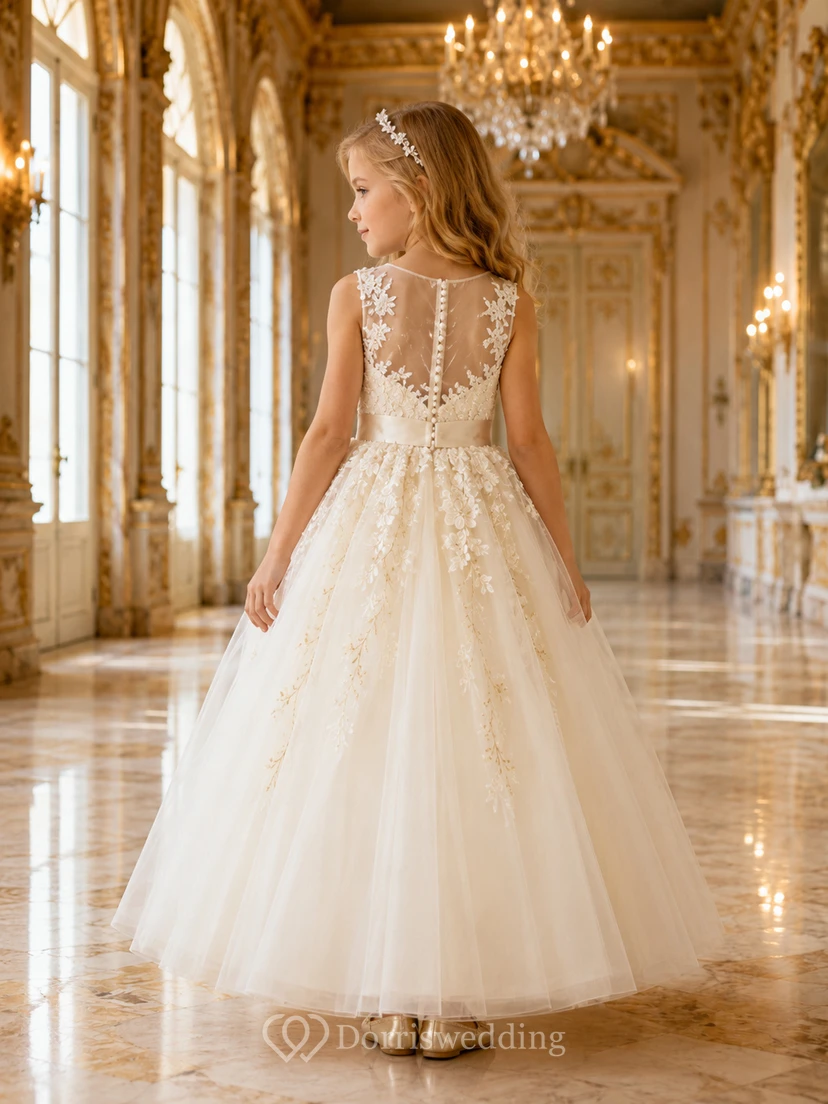 Vestido de niña de las flores color marfil con escote ilusión tipo joya, corpiño de encaje floral con cuentas, falda de tul acampanada hasta los tobillos y cierre de botones en la espalda. view 2