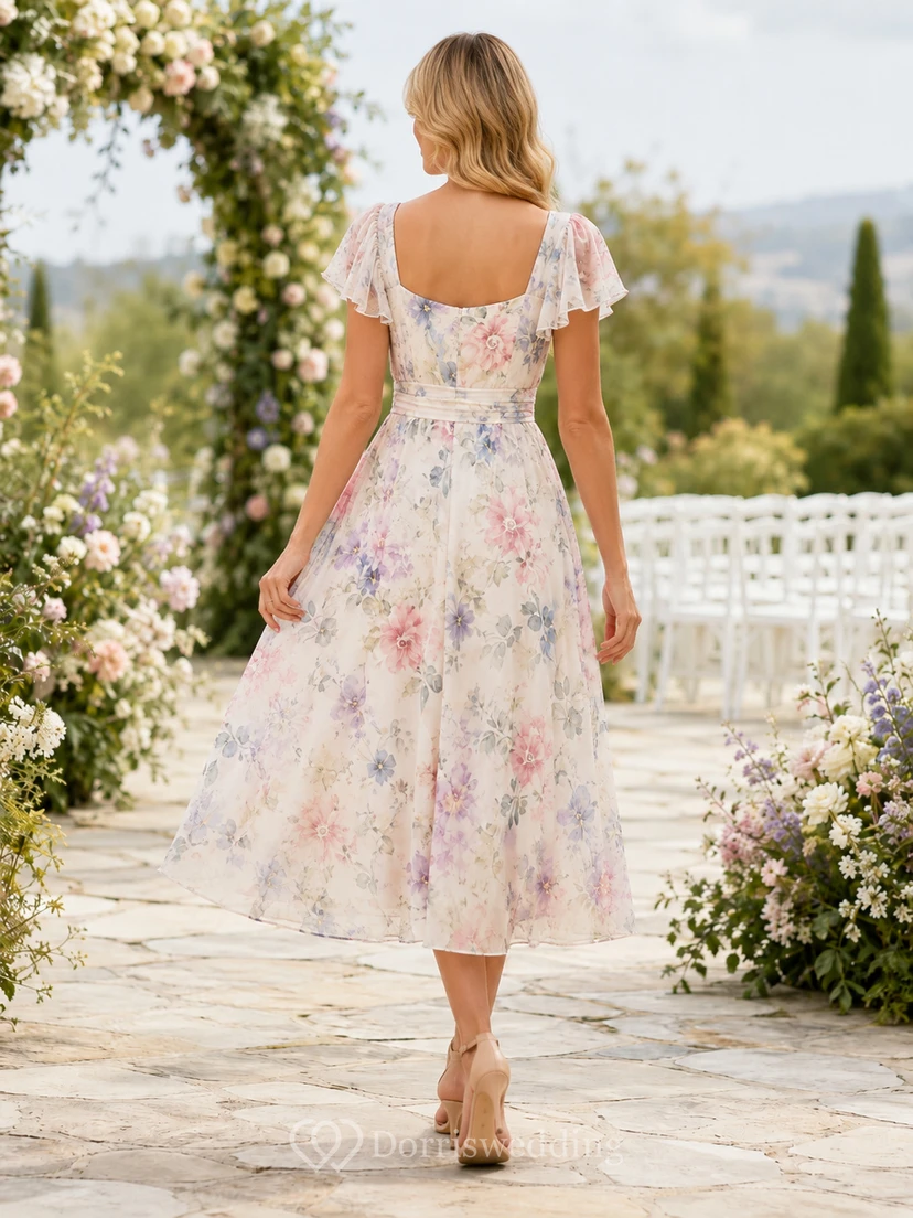 Vestido midi de invitada con escote cuadrado y mangas abullonadas en acuarela pastel view 2