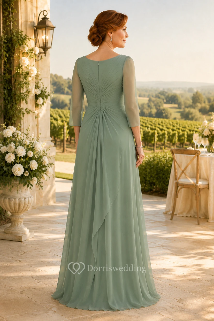 MOB-Kleid aus salbeifarbenem Chiffon, A-Linie, 3/4-Ärmel, Rundhalsausschnitt, bodenlang, Rüschenbesatz view 2