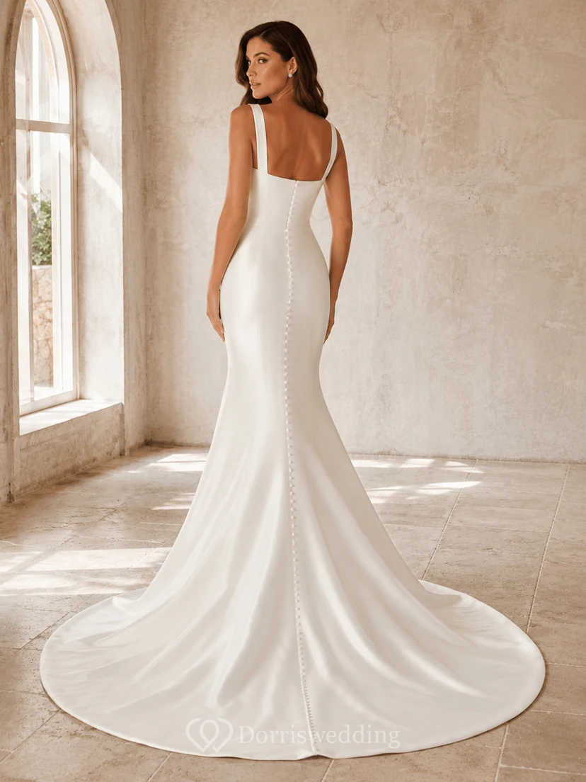 Vestido de novia moderno de satén sin mangas con escote cuadrado y cola de capilla view 2
