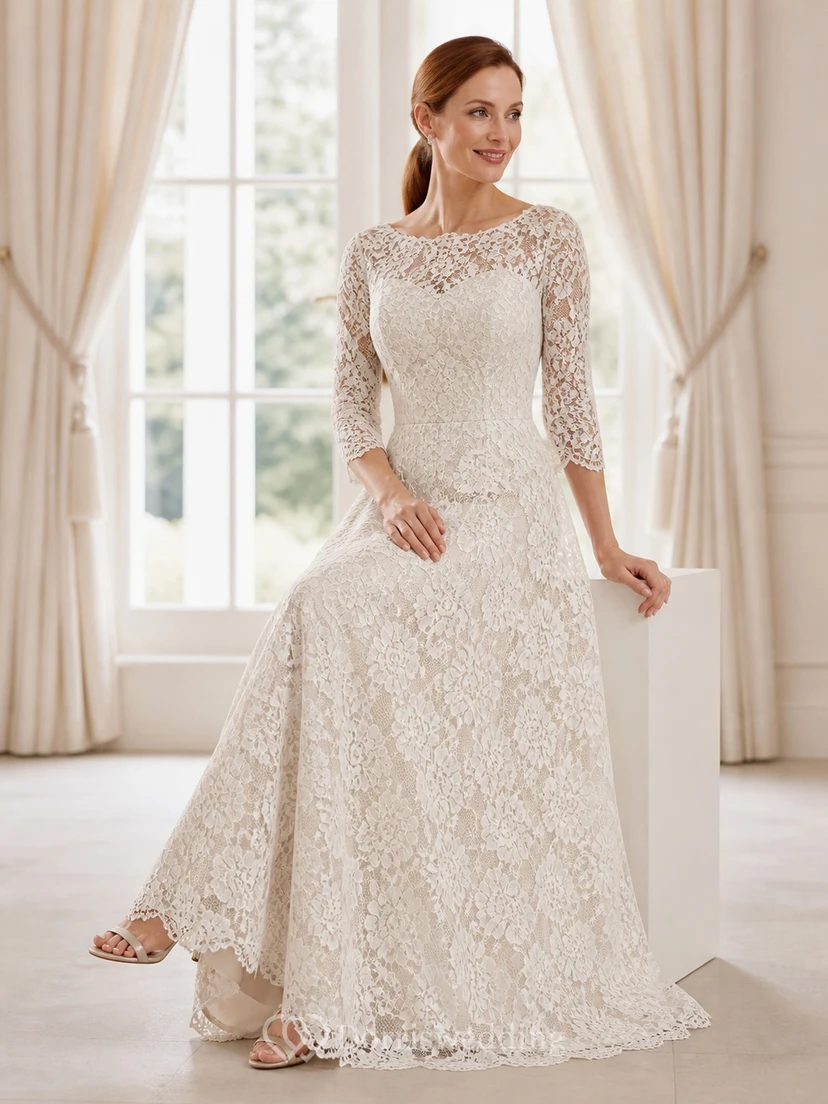 Robe de mère de la mariée, coupe trapèze, manches trois-quarts, en dentelle, longueur au sol, col bateau, style modeste et ensoleillée, idéale pour les mariées plus âgées.