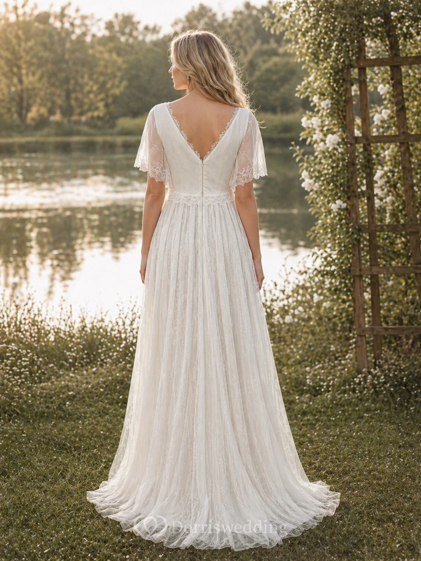 Vestido de novia plisado de gasa con escote imperio y mangas cortas, estilo bohemio campestre view 2