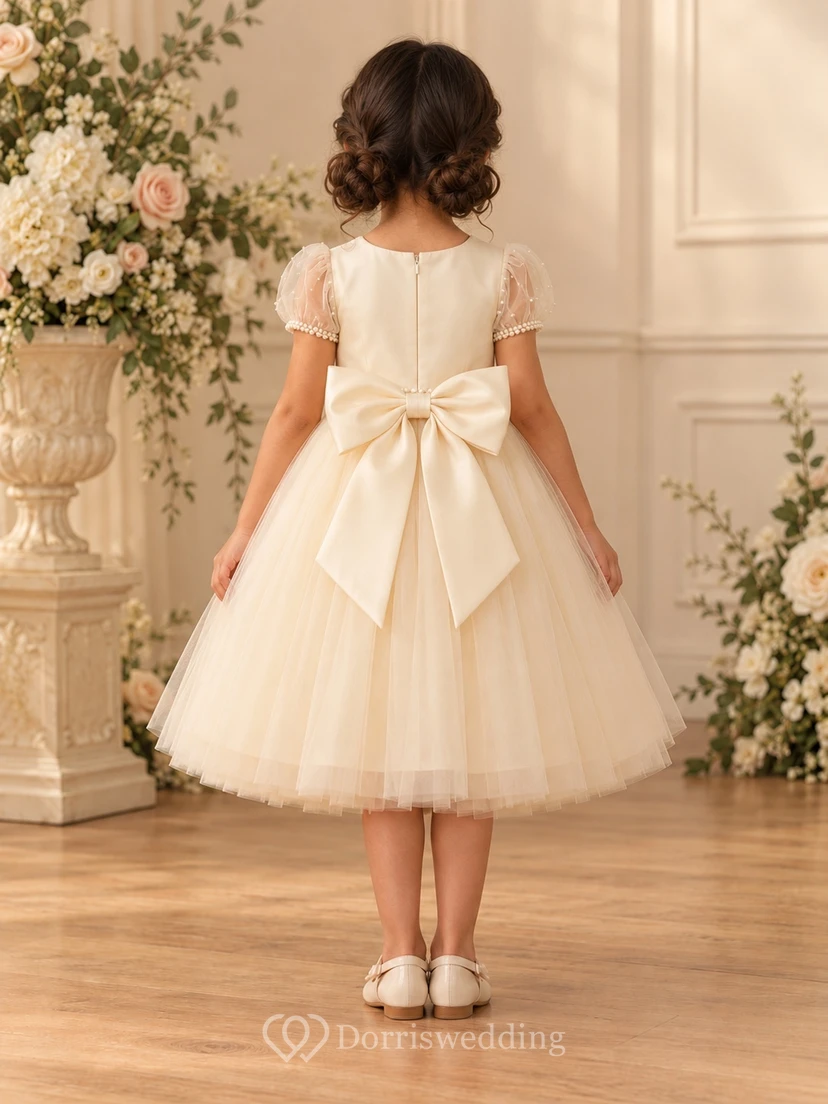 Champagne Pearl Puff Sleeve Bow Knee Tulle Flower Girl Dress view 2