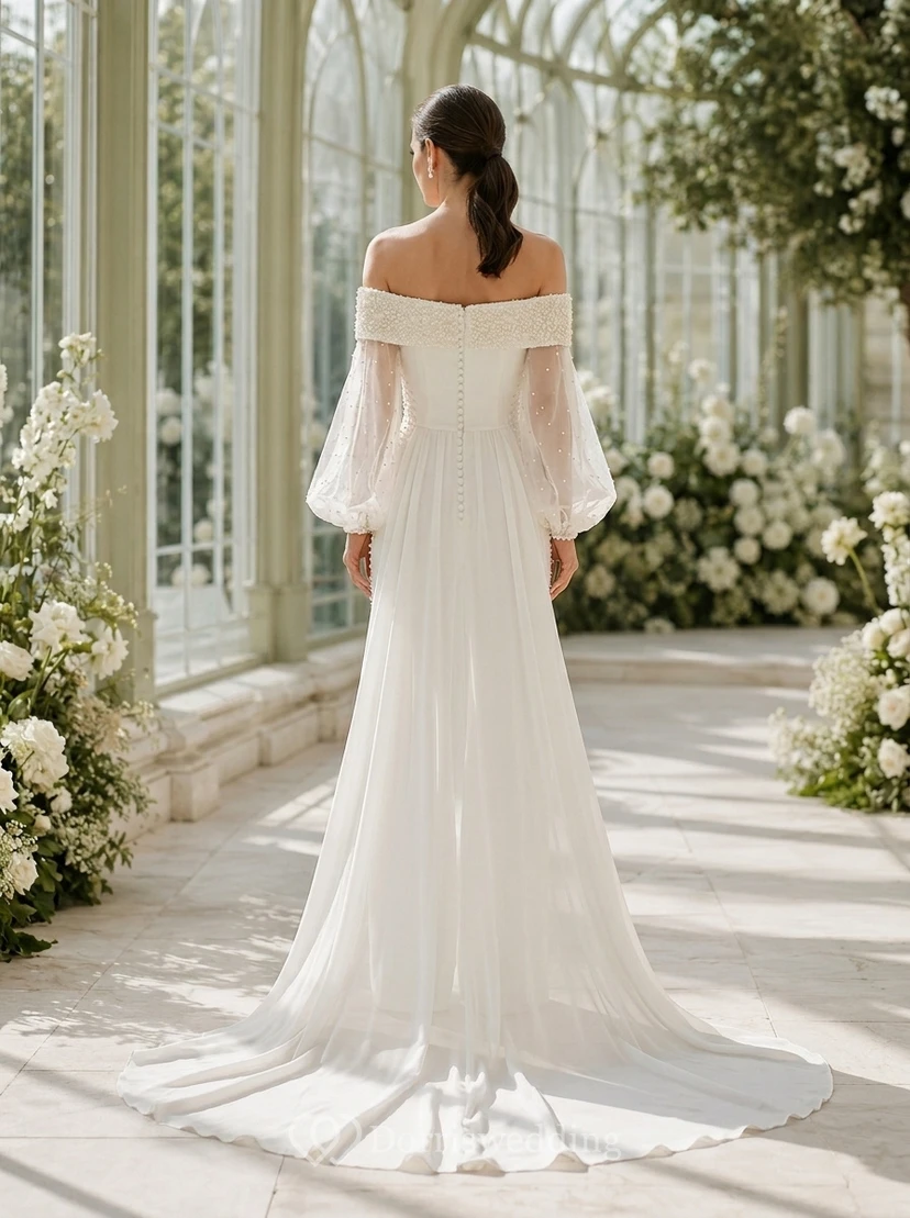 Combinaison de mariage à épaules dénudées et manches bouffantes avec drapé latéral view 2