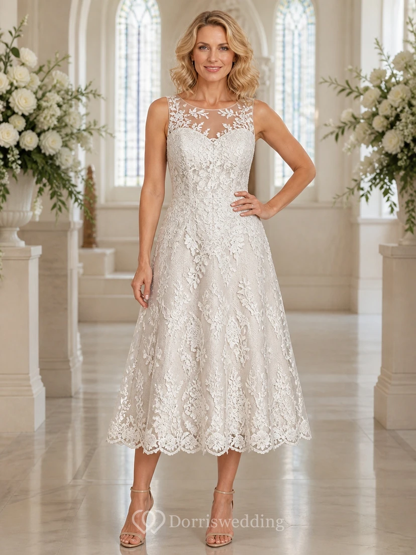 Teelanges, ärmelloses Brautkleid in A-Linie mit hohem Kragen, Muschelsaum und Spitze, elegantem Schnitt.
