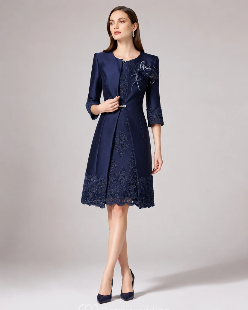 Jewel A-line Knee-length 3-4 Length Sleeve Satin Mother of the Bride Dress with Zipper Back view 11