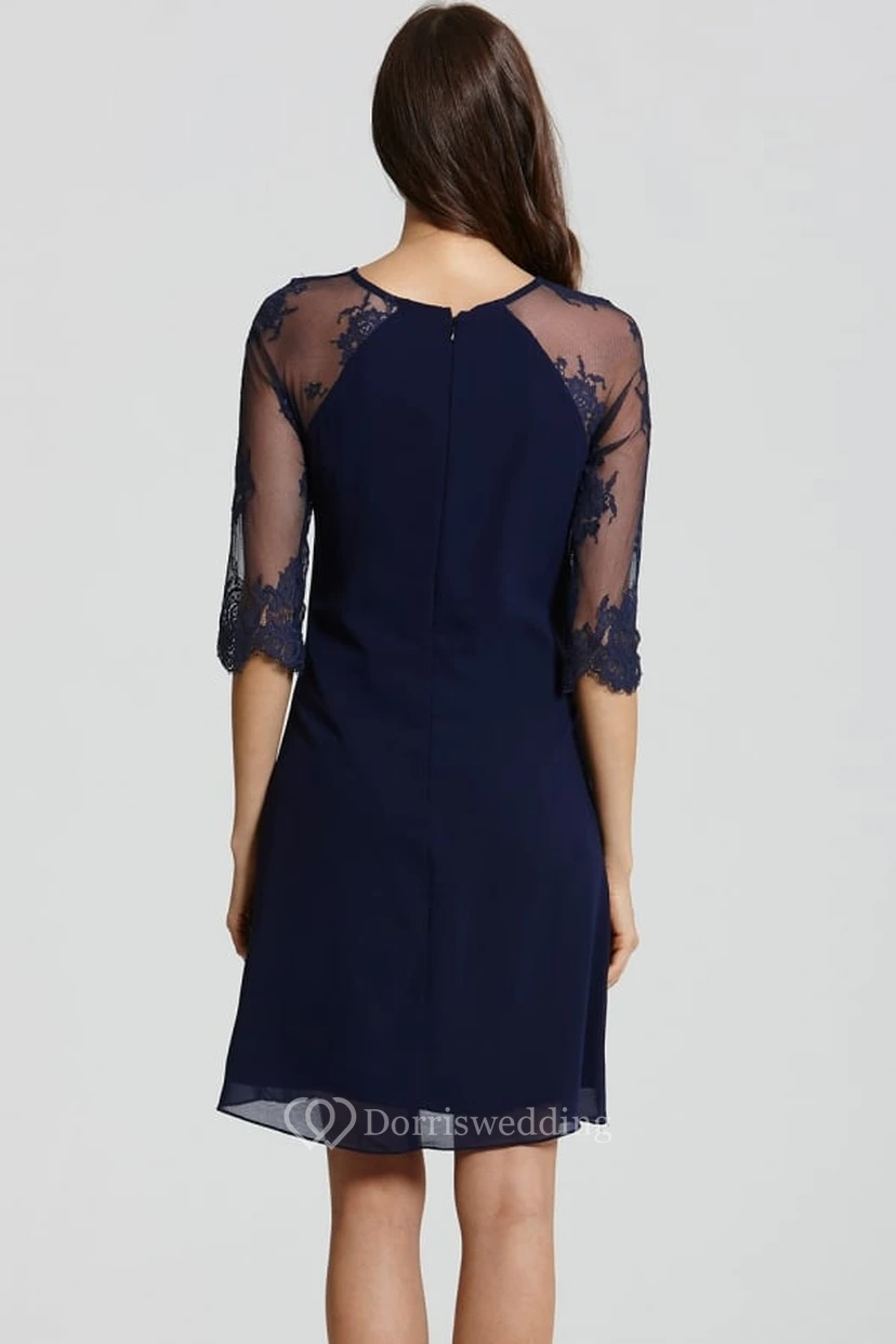 Short Scoop Neck Half Sleeve Appliqued Chiffon Bridesmaid Dress view 2