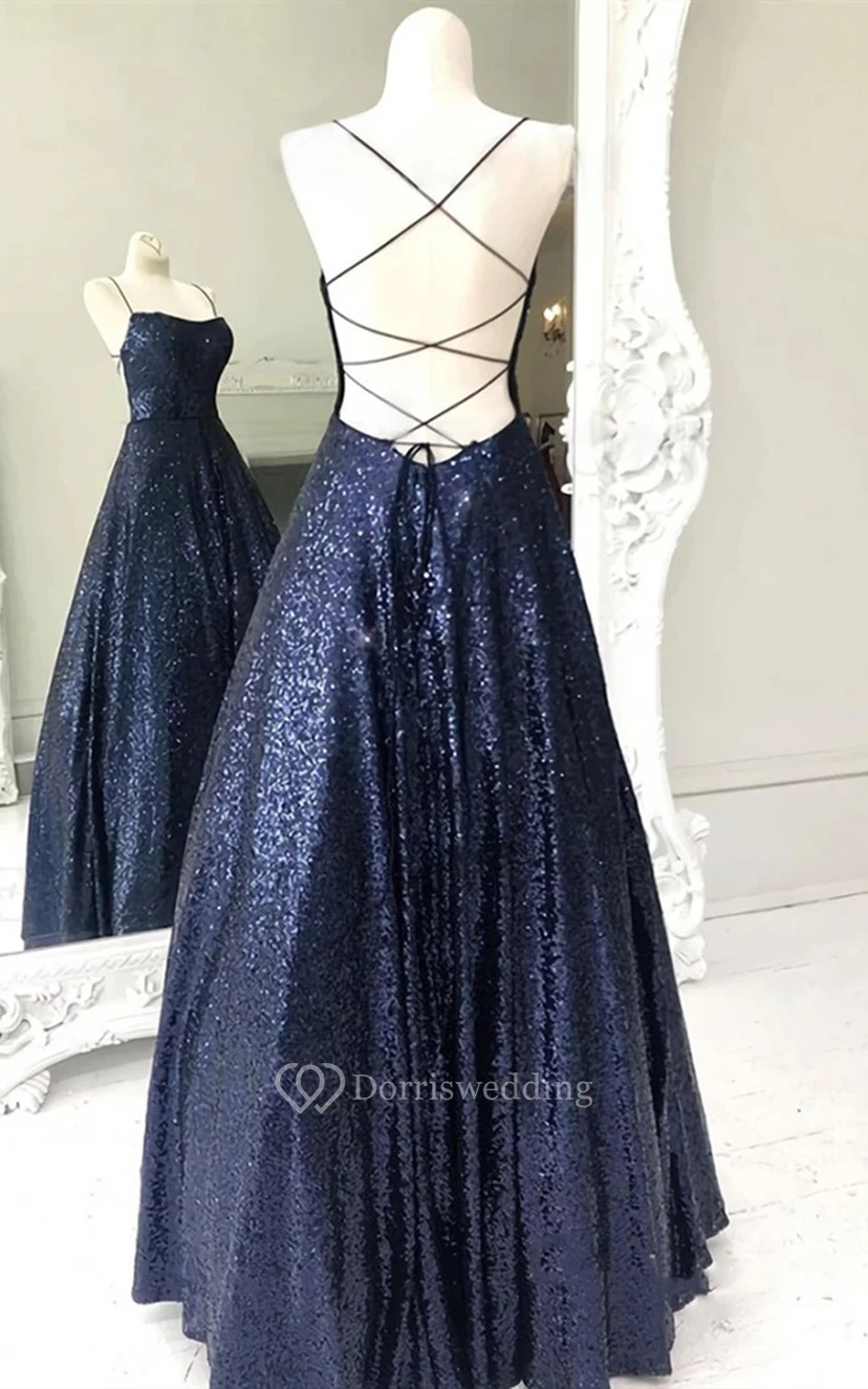 Modernes, bodenlanges, ärmelloses A-Linien-Abendkleid mit Pailletten und offenem Rücken view 2