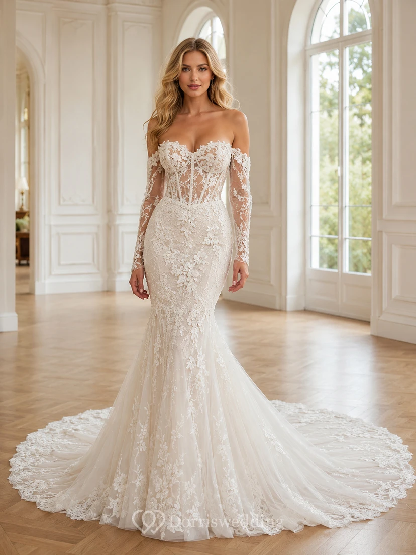 Robe de mariée sirène en dentelle transparente, épaules dénudées, manches longues, traîne chapelle, ornée d'appliqués floraux.