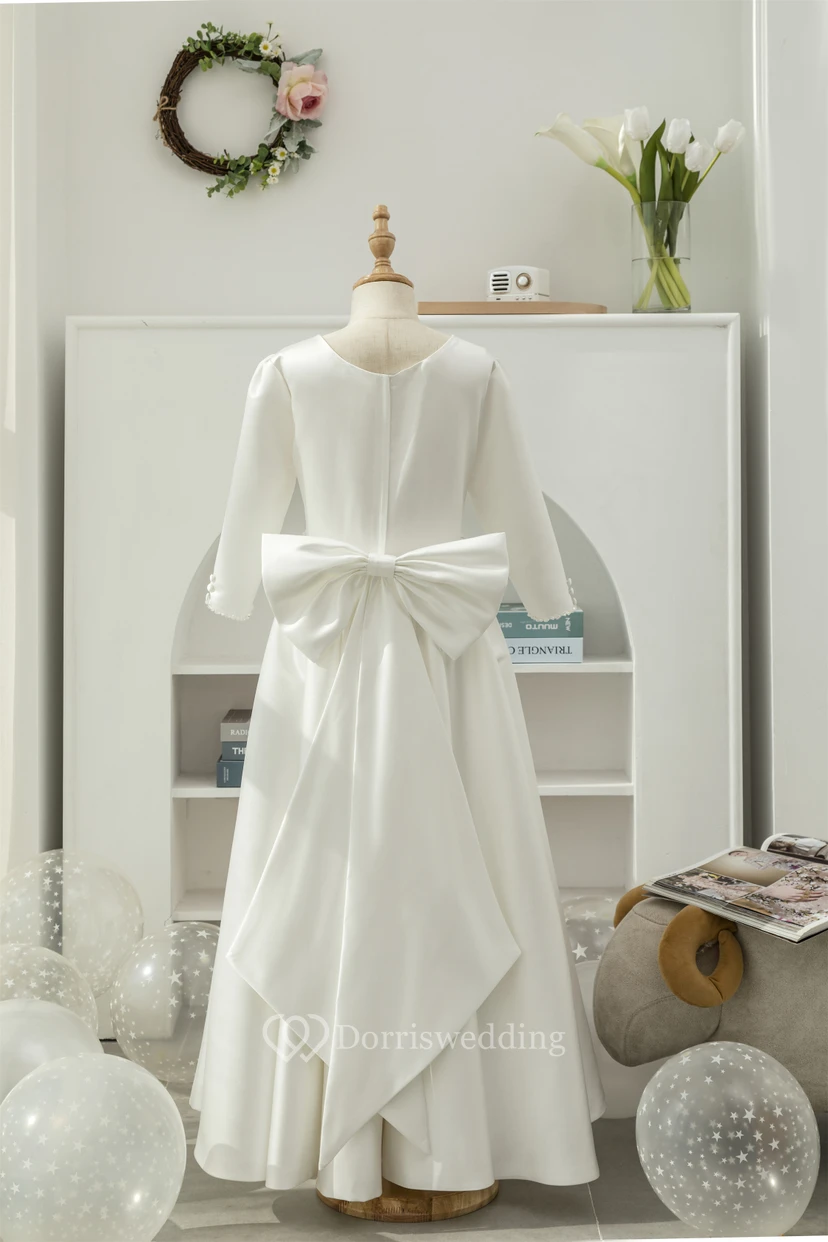 Modest Long Sleeve Scoop-neck Satin A-line Beaded Flowergirl Dress view 2