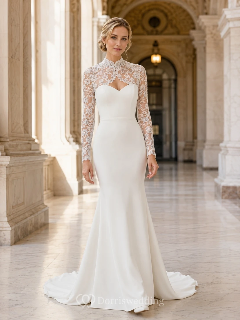 Vestido de novia formal de corte recto con cuello alto y manga larga.