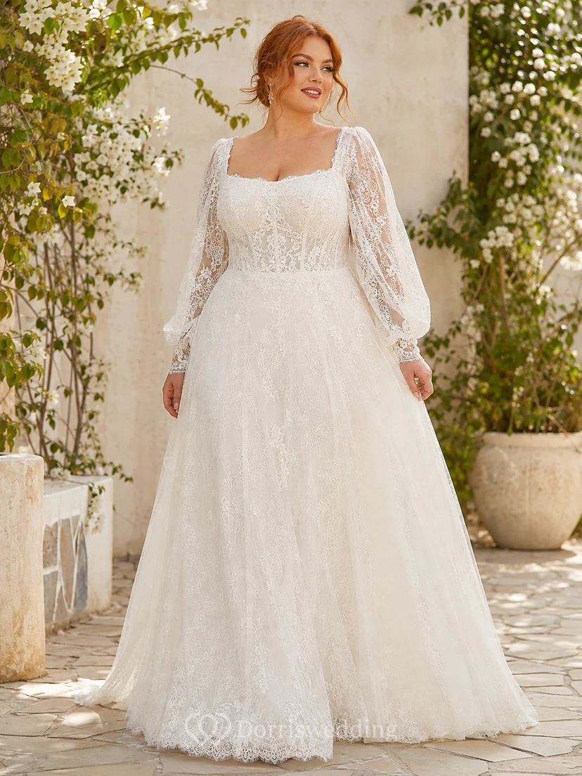 Plus Size Langarm-Hochzeitskleid im Empire-Stil mit eckigem Ausschnitt und Spitze im Boho-Stil