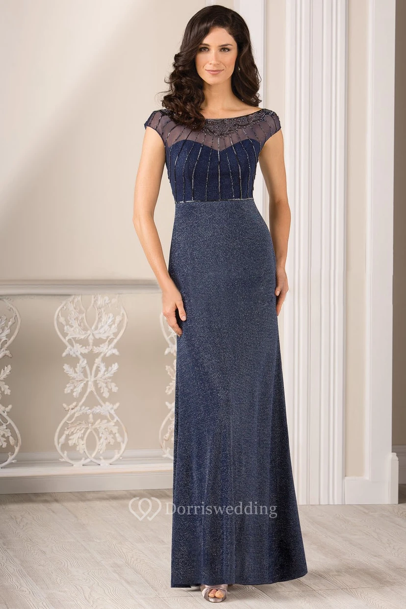 Cap-Sleeved Long Gown With Beadings And V-Back