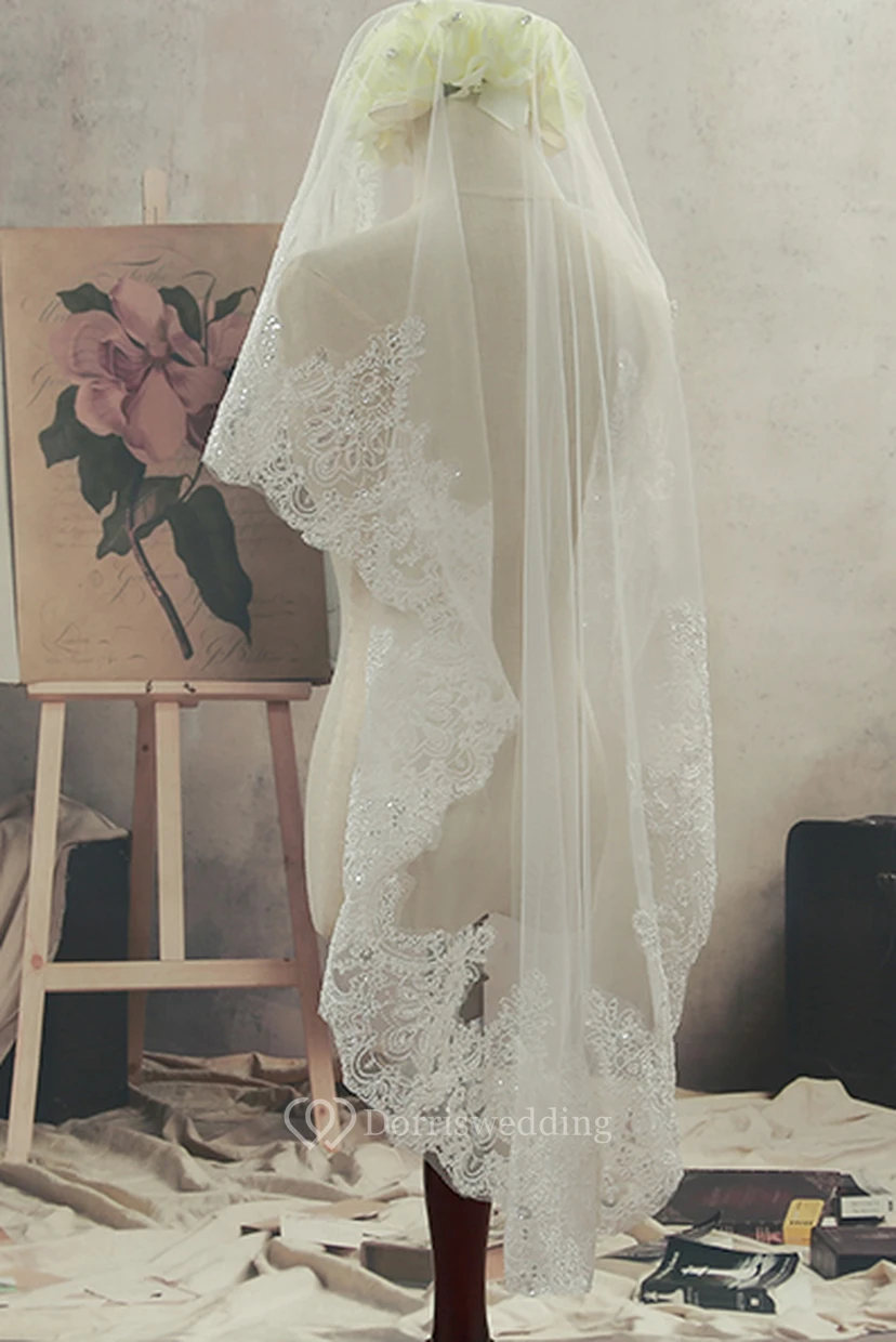 Simple Short Fingertip Tulle Wedding Veil with Beading and Lace Edge view 2