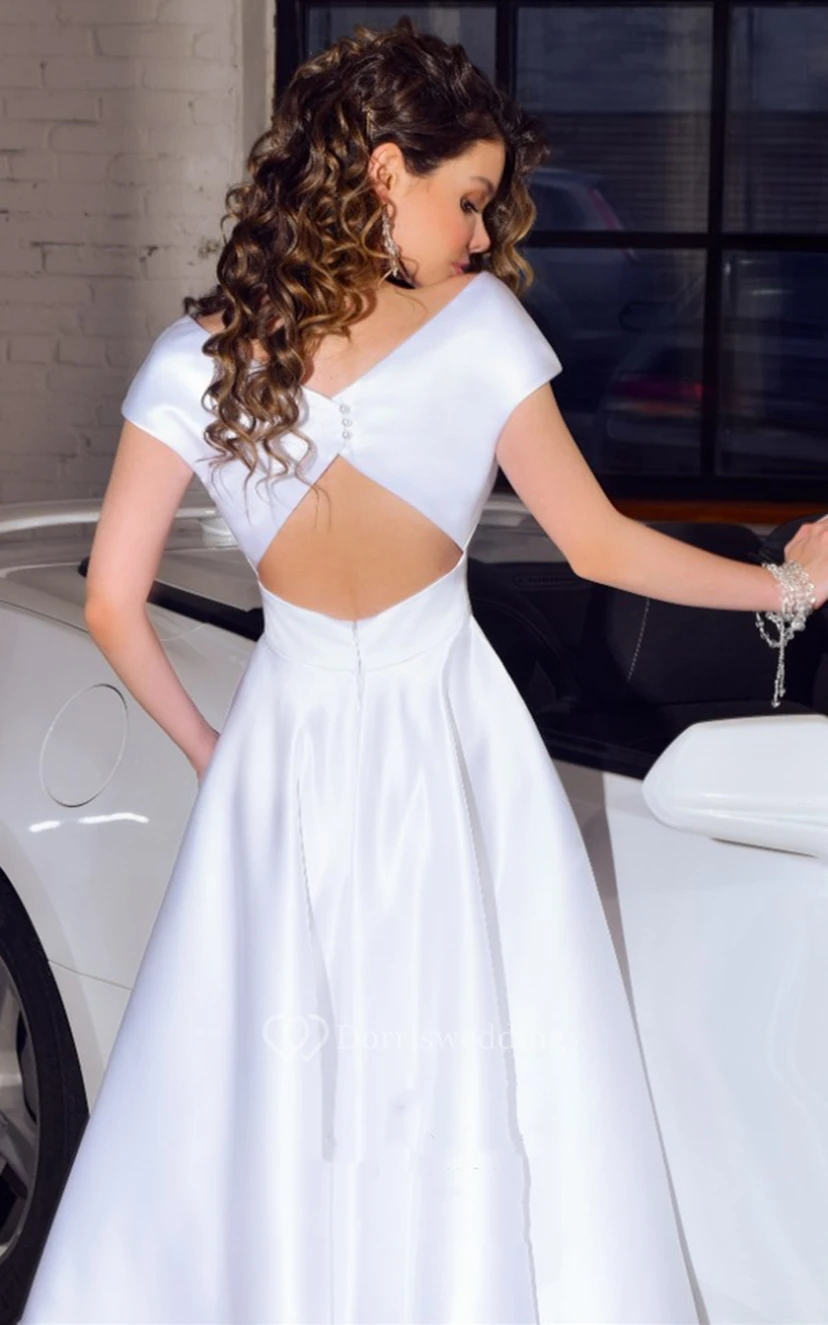 Vintage A-Linien-Brautkleid aus Satin mit V-Ausschnitt, Teelänge und Schärpe view 2