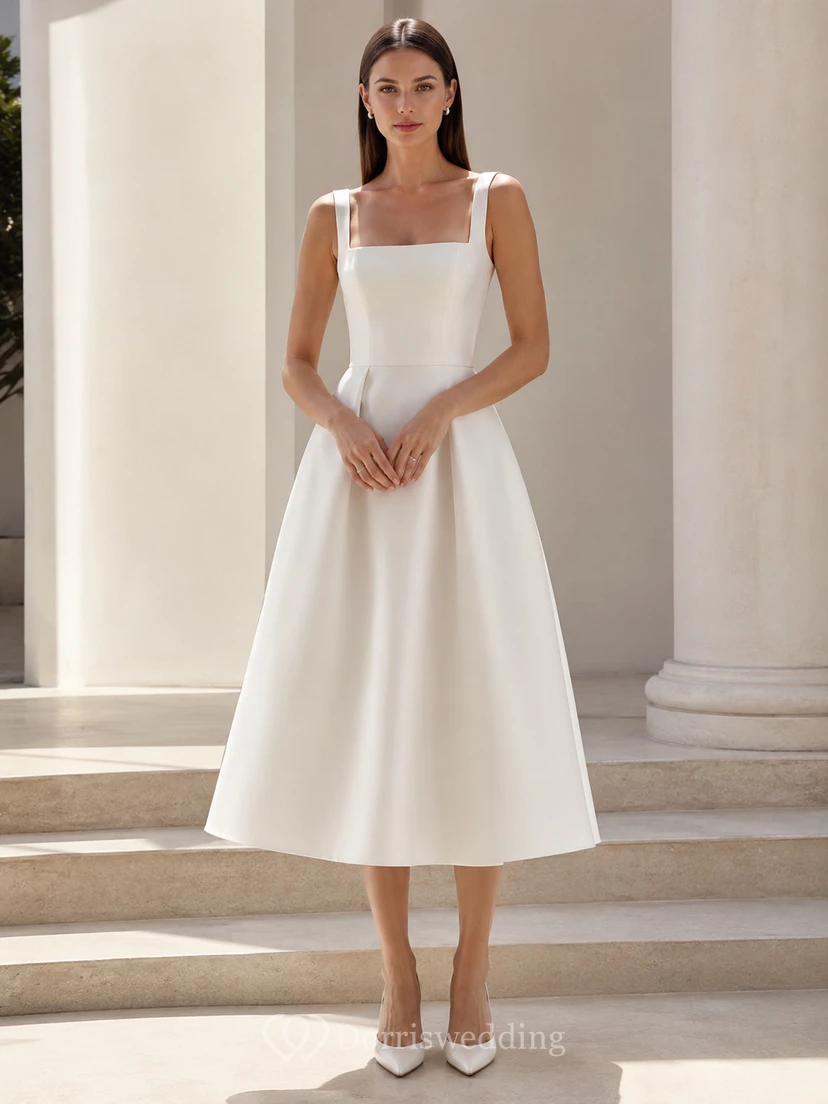 Vestido de novia civil moderno, sencillo, de satén, con tirantes cuadrados y corte en A, largo hasta la rodilla.