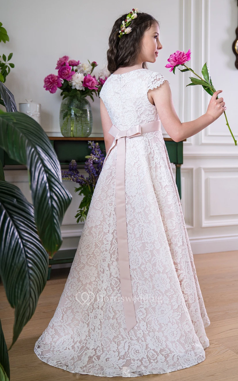 Elegant Bateau A Line Lace Floor-length Short Sleeve Flowergirl Dress with Bow view 2