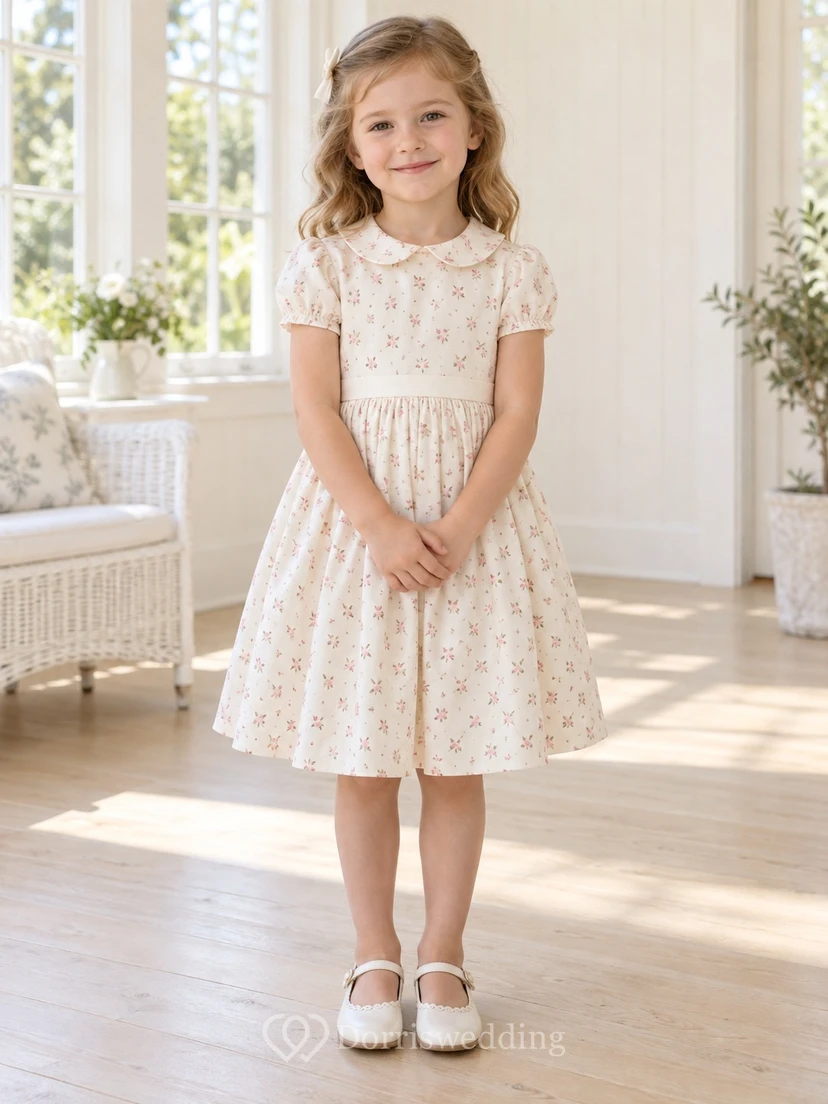 Modest Simple Ivory Knee-length Peter-Pan Collar Short Ruffled Puff Sleeves Rosebud-Print A-line Flowergirl Dress