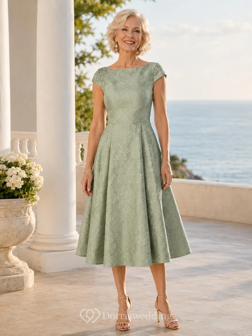 Vestido formal de gasa de manga corta, corte en A y largo hasta la rodilla, color verde salvia, estilo romántico.