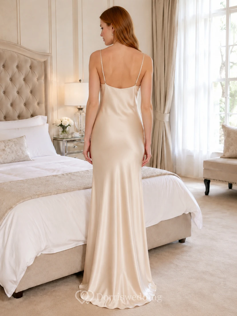 Champagne sweetheart charmeuse floor length bridesmaid slip gown view 2