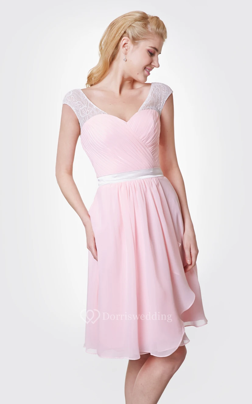 V-neck Knee Length Chiffon Side-draped Dress With Sash view 5