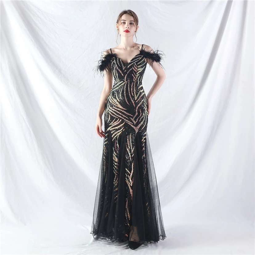 Crafted Ostrich Feather Stacked Sequins Splicing Mesh Gauze High-End Evening Dress Clothes view 11
