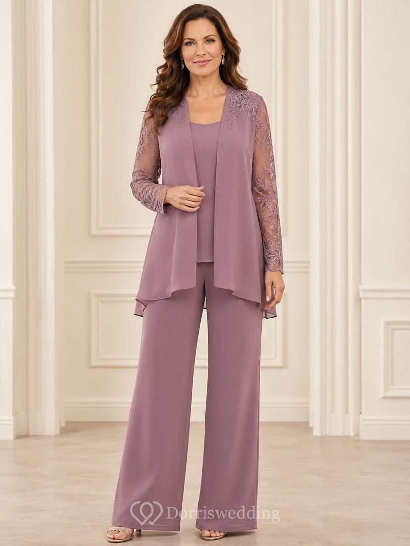 Vintage-Mauve-Hosenanzug mit asymmetrischem Schnitt, Spitzenärmeln, weitem Bein und längerem, mehrlagigem Blazer – perfekt für die Mutter der Braut.