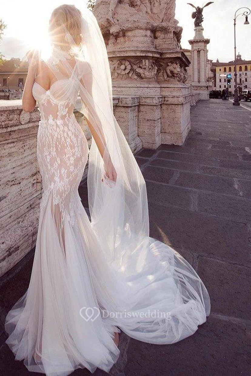 Gossamery Cap-Sleeve Illusion Tulle Vintage Wedding Dress With Lace And Court Train view 3
