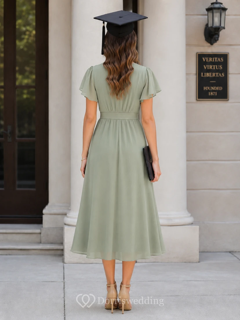 A-Line Tea-Length V-Neck Short Sleeve Chiffon Wedding Guest Dress with Pleats view 2