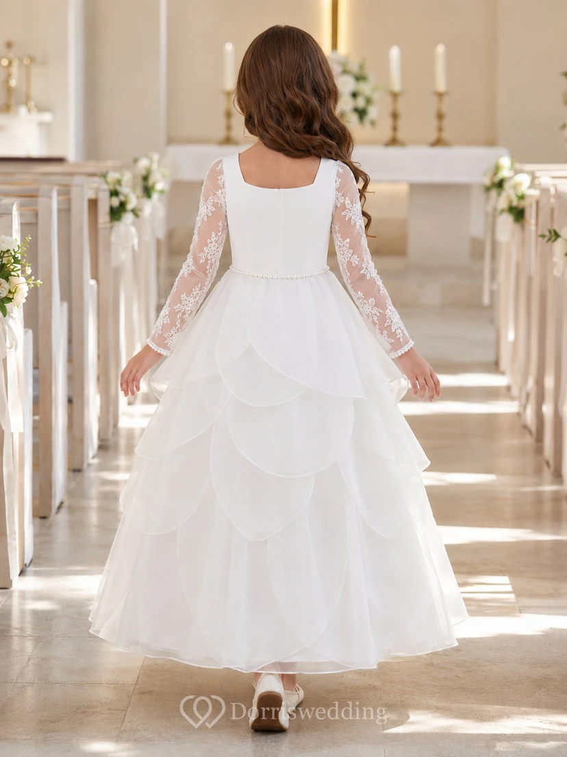 Weißes Kommunionskleid für Blumenmädchen mit Organza-Spitze, Schmuckkragen, langen Ärmeln, Blütenblattrock und Knöchellänge view 2